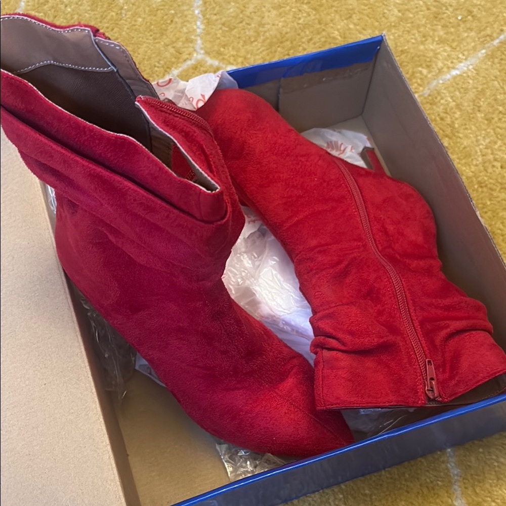 Rouge Vibrant Red Suede Heeled Boots